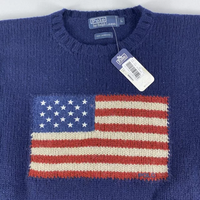 Vintage Polo Ralph Lauren Sweater Mens L USA Flag Hand Knit Lambswool 90’s NWT