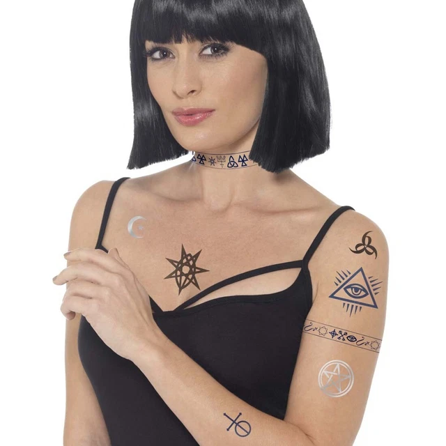 Tattoo Set Diavolo Mistico Finto Adesivi Okkulte Tatuaggi Halloween Accessori