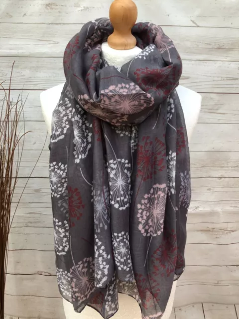 Ladies White Pink Plum Dandelion Print CHARCOAL GREY Fashion Scarf