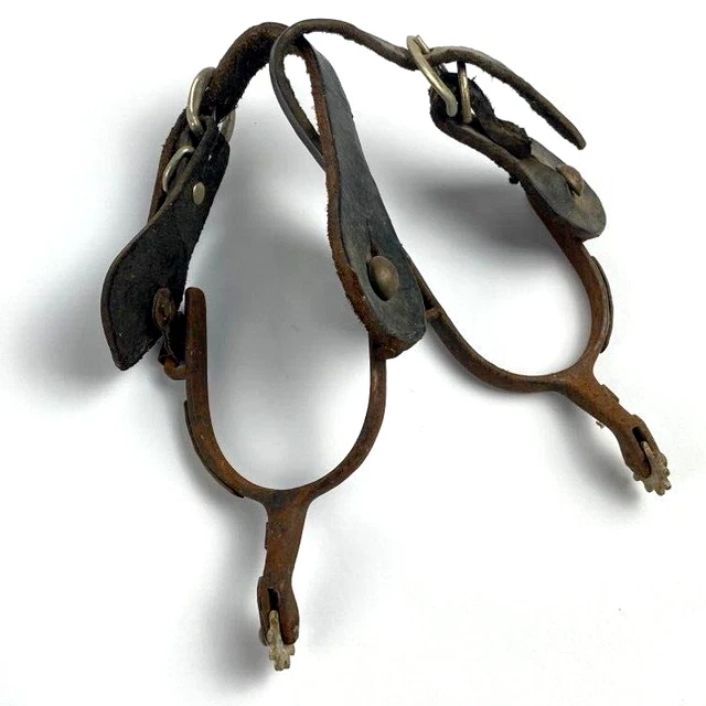 Pair Western Cowboy Spurs 10 Point With Leather Straps & Brass Decor Vintage