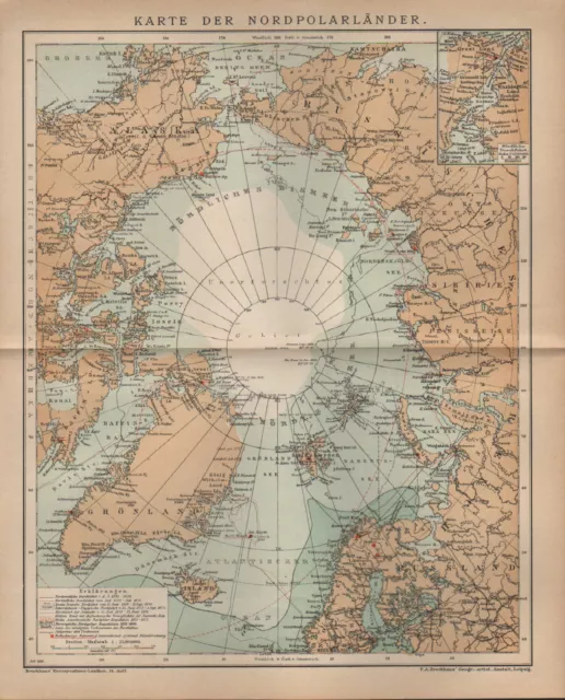Landkarte map 1899: KARTE DER NORD-POLARLÄNDER. Alaska Russisches Reich Grönland