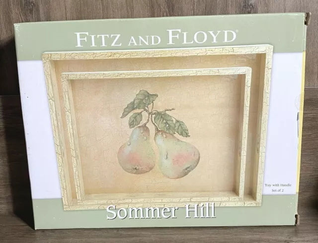 Fitz & Floyd Sommer Hill Pear Tray With Handle Lacquered Wood Set of 2 2004 NIB