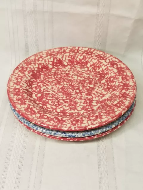 3 Roseville Pottery The Workshop Gerald E. Henn Spongeware Dinner plate red Blue