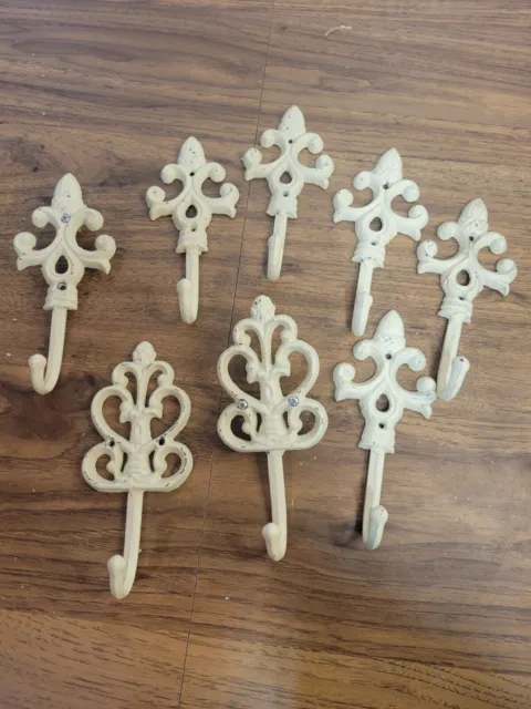 8 pcs Shabby Chic Decorative Wall Hooks Cast Iron French Country Rustic White