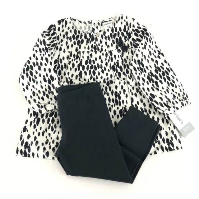 Carters Baby Girls 2pc Outfit Pants Blouse Top Dots Black White Glitter 12 Month