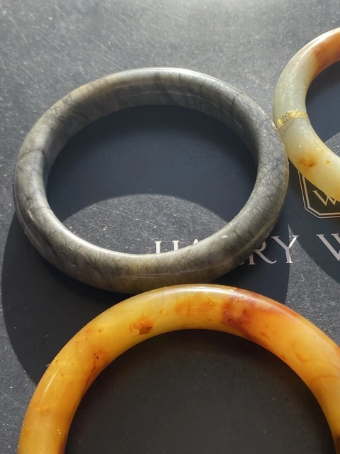 Joblot Of Four Hand Carved Black&Yellow Russet Translucent Natural Jade Bangles 3
