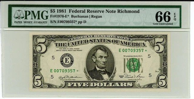 1981 $5 Federal Reserve Star Note - PMG 66 EPQ - GEM - Richmond - 1976-E* - FRN 