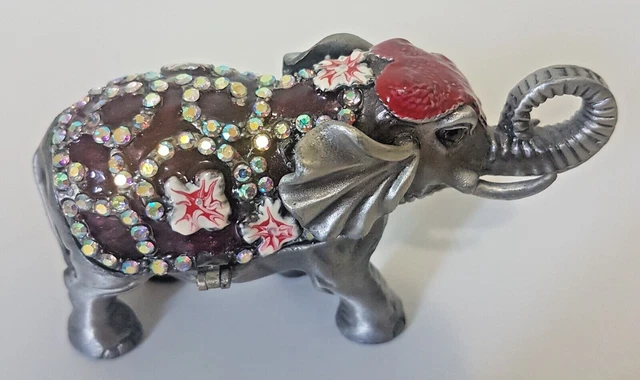 Bejeweled Elephant Trinket Box Hinged Heavy Metal Enamel Inside