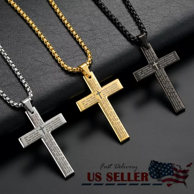 Men Boys Stainless Steel Cross Pendant Necklace  Lord's Prayer Bible Chain 24"