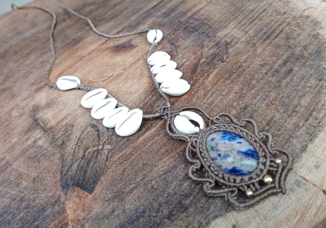 'Cowrie Shell' Macrame Necklace Pendant Jewelry Lapis Lazuli Stone Handmade Boho