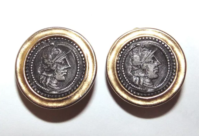 Vintage ERWIN PEARL Clip-on Earrings Faux Ancient Roman Coins Gold Tone Rims