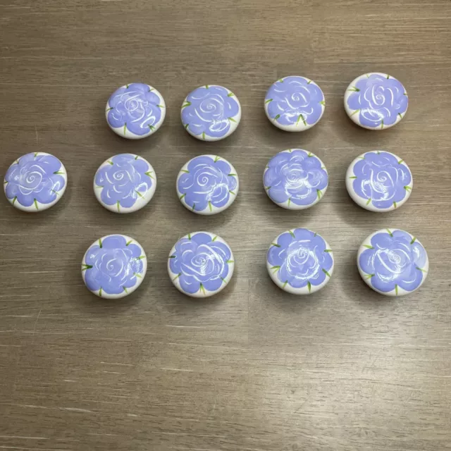 Lot of 13 Hand Painted Ceramic Round Drawer Knobs Purple Floral Blue
