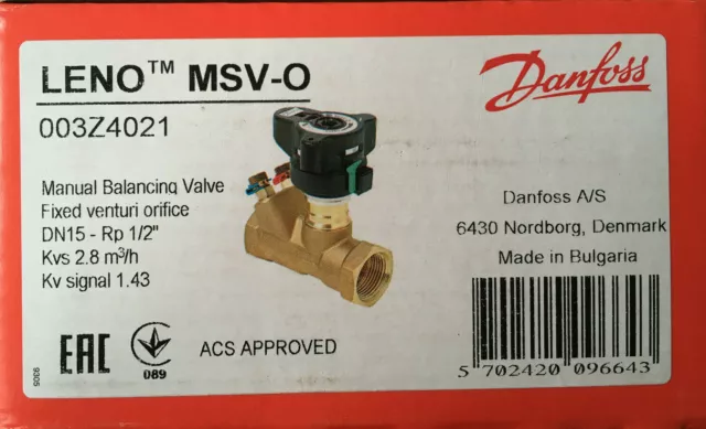 Manual Balancing Commissioning Valve 1/2"  Danfoss Leno MSV-O DN15 003Z4021