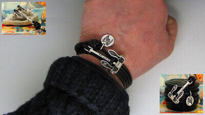 Bracelet necklace anchor sterling silver heavy on genuine black leather