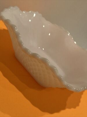 Vtg Square Bowl White Milk Glass Diamond Cut, Ruffled Candy Dish 6x6 Vintage MCM