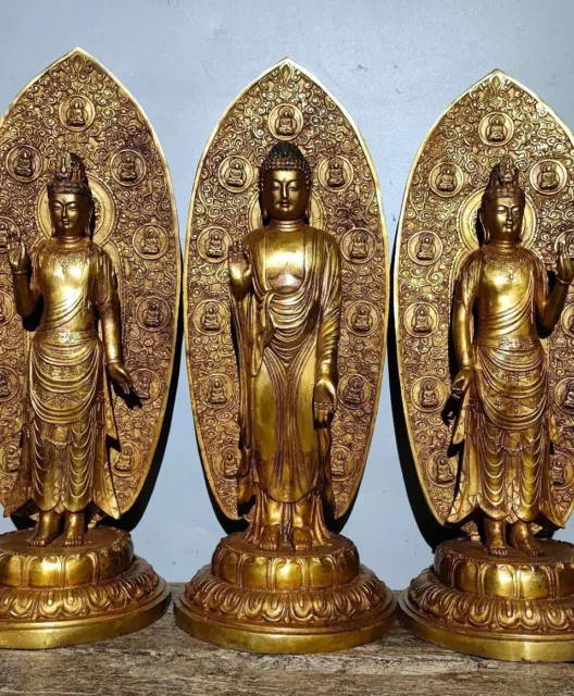 17.2" Alte chinesische Bronze vergoldete Drei Heilige Buddha Statue Skulptur Set 2