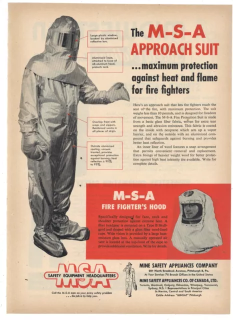 1955 MSA, Mine Safety Appliances Ad: Fire Fighter Aluminum Approach Suit, Specs