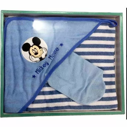 DISNEY coffret cadeau bébé lot cape de bain + gant MICKEY bleu blanc neuf