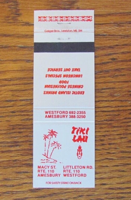 Tiki Bar Matchbook Cover: Tiki Lau Amesbury & Westford, Ma Empty Matchcover -C24