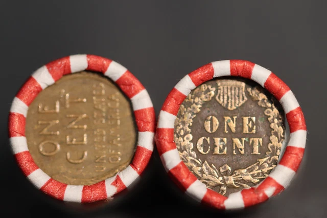 2 Mixed Wheat Indian Head Penny Shotgun Rolls With Indian Cent End Coin