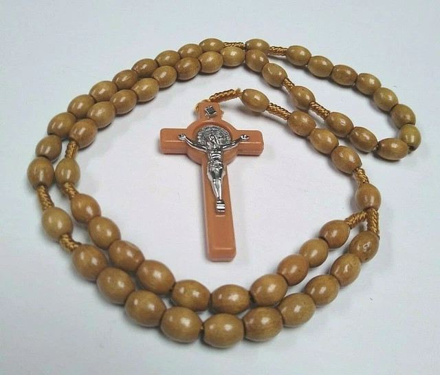 Christian Rosary OVAL Wood LATTE BROWN Bead Cast Silver Crucifix BENITO BENEDICT