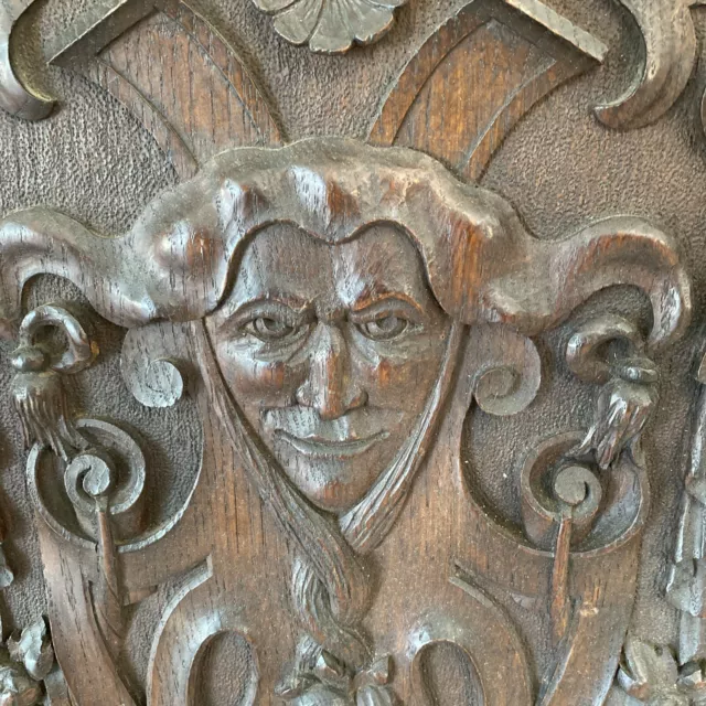 Antique  18th 19th Century Carved  Oak Wooden Panel Of A Jester 3