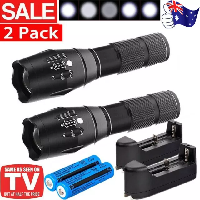 2PCS 120000LM LED Flashlight Rechargeable Tactical Torch 5 Mode Zoom Night