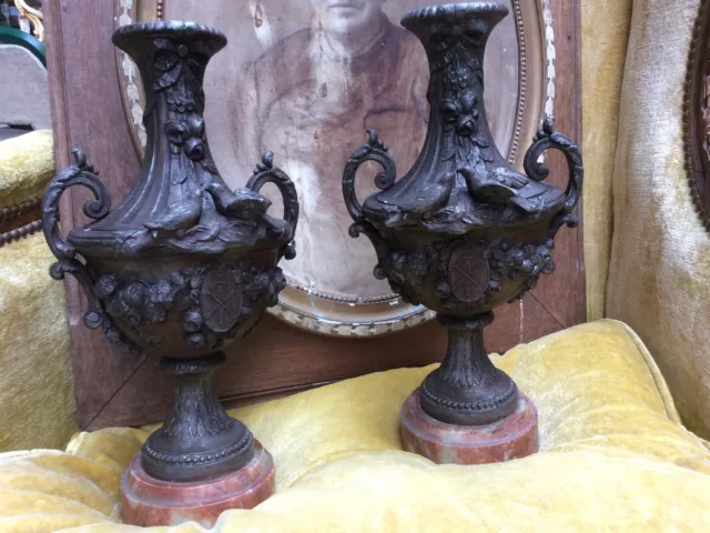 Ancienne Paire De Cassolettes, Vases De Cheminée, Napoléon III Régule Et Bronze