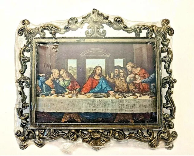 Vintage Religious Last Supper Wall Hanging Ornate Frame Padded Fabric  6.5 x 7"