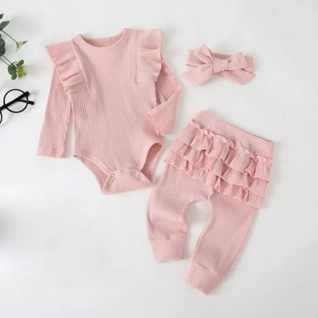 Newborn Baby Girls Ribbed Outfits Ruffle Romper Jumpsuit Pants Xmas Party Set 11