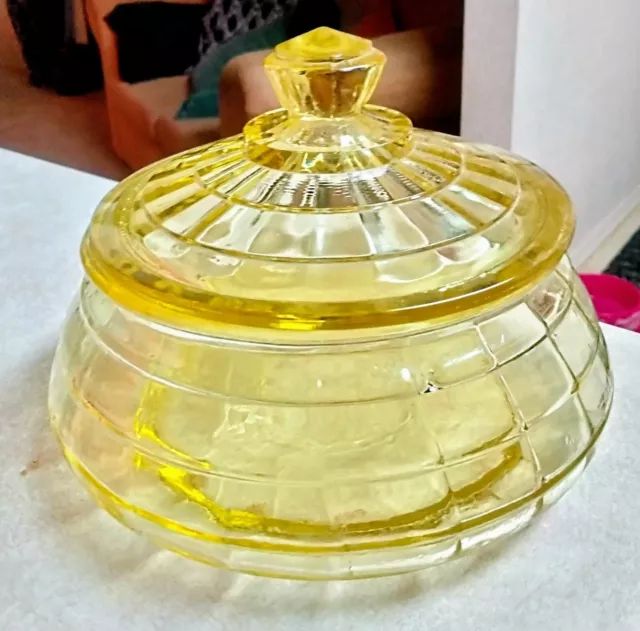 Vintage Anchor Hocking Yellow Depression Glass Block Optic Lided Jar Candy Dish