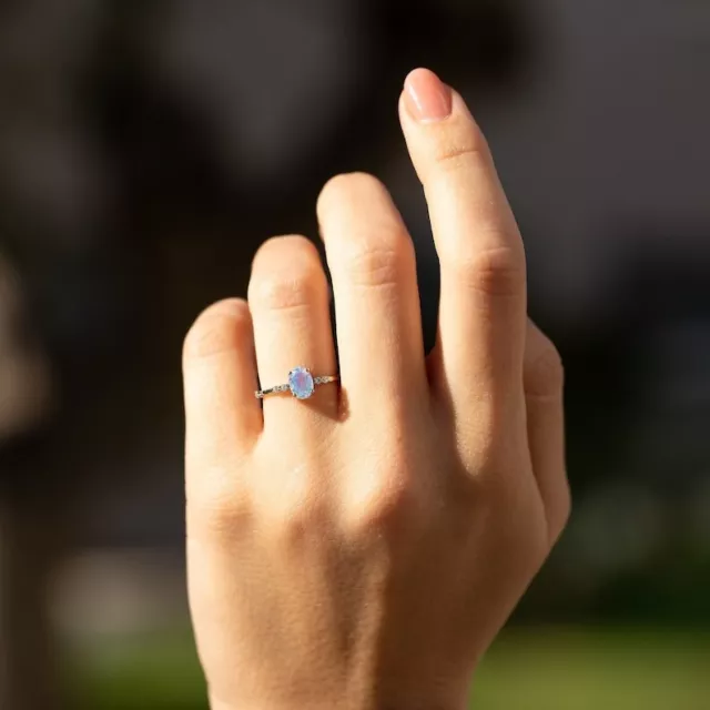 Natural Oval Cut Moonstone 925 Sterling Silver Dainty Promise Ring For Women