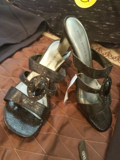 DANA BUCHMAN size 7M , 2 in. sandals, slip-ons black jeweled brush patent tops,