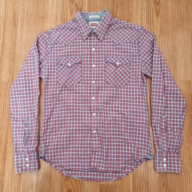 Levis Mens Western Check Pearl Snap Slim Fit Shirt S Small Blue Red White Plaid