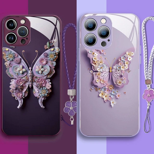 For iPhone 15 14 Pro Max 13 12 11 3D Butterfly ShockProof Glass Strap Case Cover