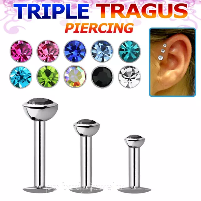 2pcs. 16G 1/4"- 3/8" Surgical Steel Internally Threaded CZ Labret Helix Tragus