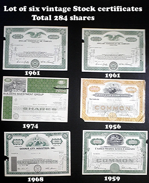 Lot of 6 vintage stock Certificates 1956-74 Sinclair,Quaker,US Lines,Food Fair