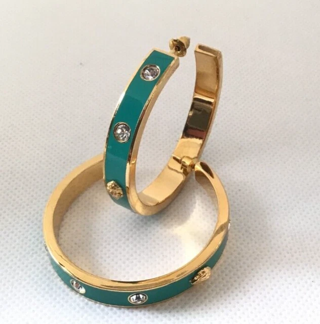 Kurt Geiger London, Eagle Green Enamel Large Gold Tone Hoop Earrings, Pierced