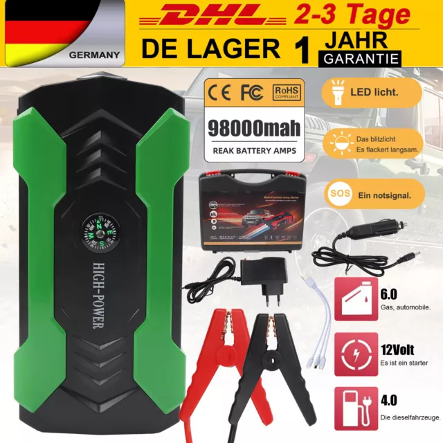 99800mAh Auto KFZ Starthilfe Jump Starter 12V Ladegerät Booster Power Bank PKW