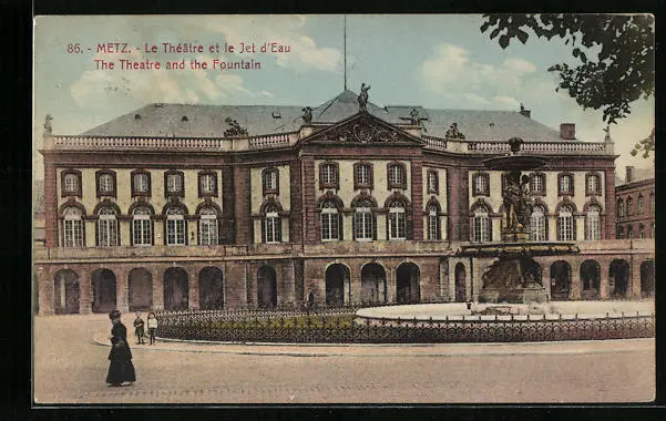 CPA Metz, Le Theatre et le Jet d'Eau 1923