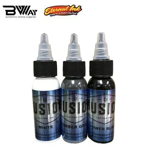 White Gray Black Mini Set - FUSION Tattoo Inks - 3 Bottles Colors 1 oz Authentic