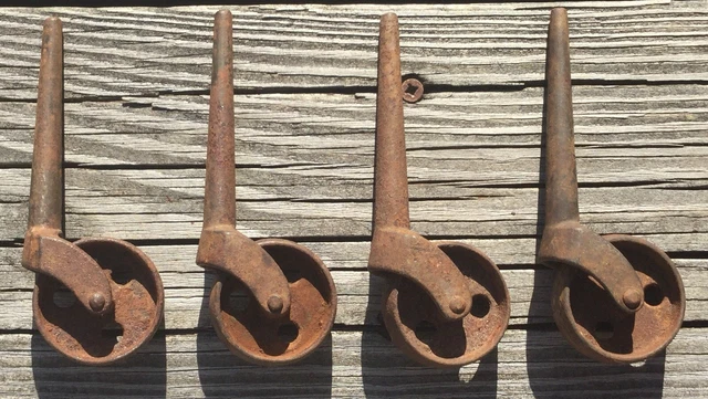 Old Vtg Industrial Caster Wheel Iron Metal Furniture Part Salvage Set Lot Of 4