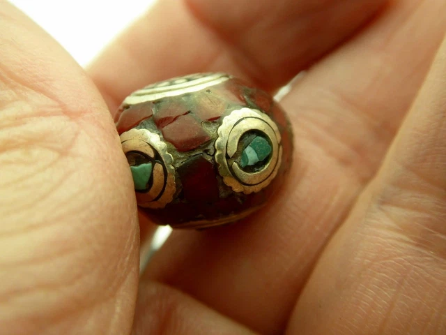 Vintage Nepalese Natural Inlaid Coral Turquoise Rondelle Pendant Focal Bead 1 Pc 12