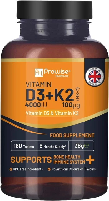 Vitamin D3 4000IU & K2 MK7 100µg Vegetarian Tablets I 180 (6 Months Supply) I Ea