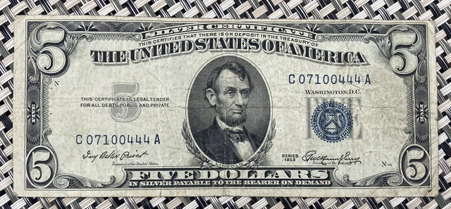 One 1953 FIVE Dollar ~Blue Seal ~Silver Certificate~ Circulated $5