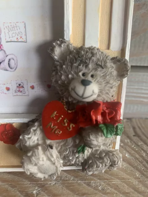 With Love Photo Frame - Teddy Bear Holding Red Love Heart and Flowers. (Kiss Me)