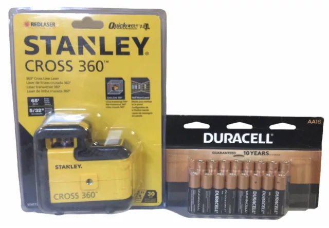 Stanley STHT77504 Cross 360 Cross Line Laser & 16ct Duracell AA Batteries(2E)