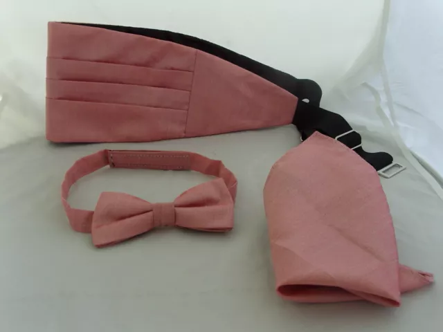 Dusky Pink MENS Polyester Pre-tied Bow tie + Cummerbund and Hankie Set