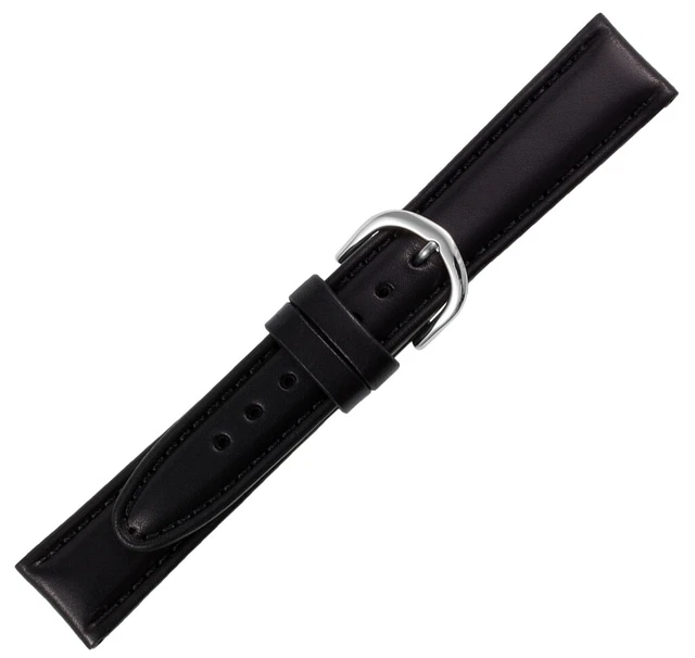 Bracelet De Montre En Cuir Véritable Noir - Largeur 14mm - Surpiqûre Blanche - Boucle Argentée - Neuf Sans étiquette - Réf. 479-2