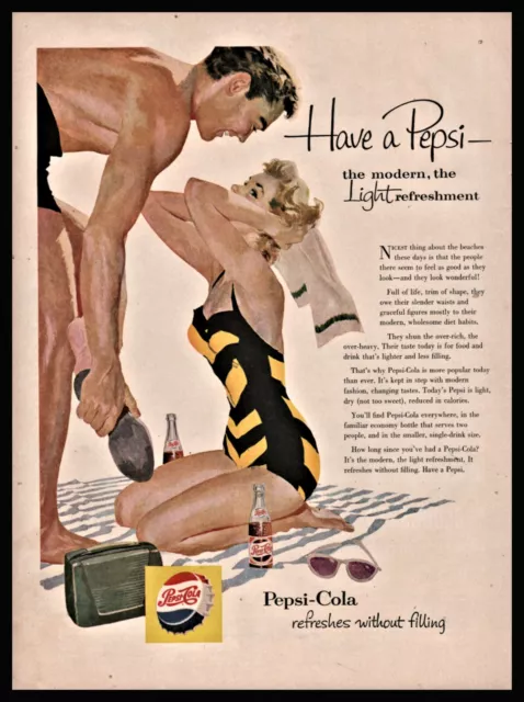 1954 PEPSI COLA Soda Pop Vintage Fifties AD Couple at the beach